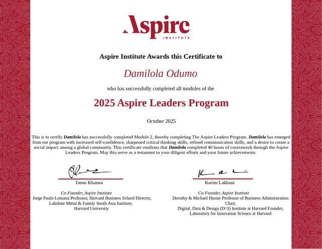 Aspire Leaders Program certificate