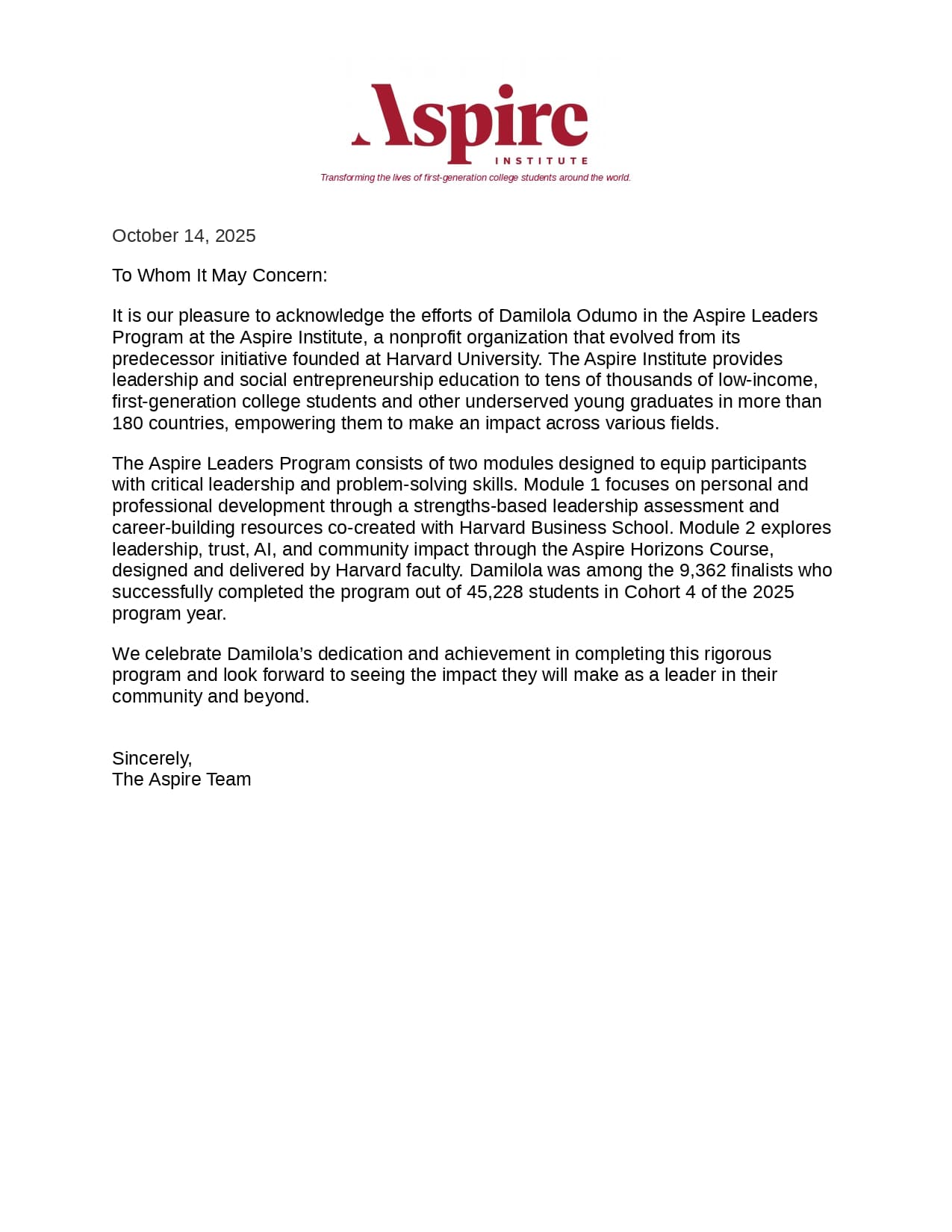 Aspire Leaders Program acknowledgement