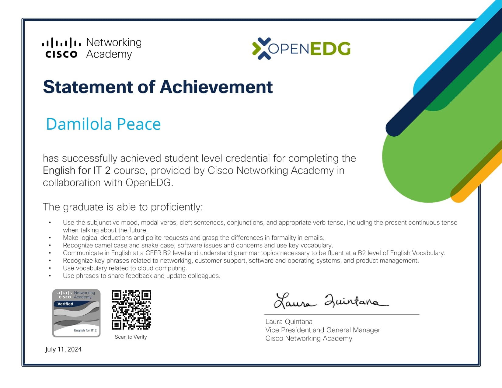 Cisco English for IT certificate
